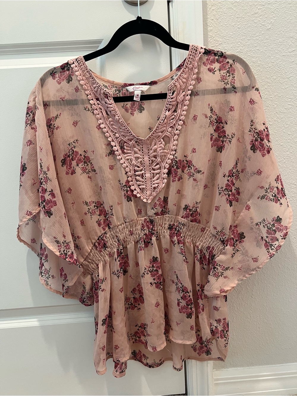 Candies Pink Floral Boho Blouse - Crochet Lace Smocked Waist - Size Medium